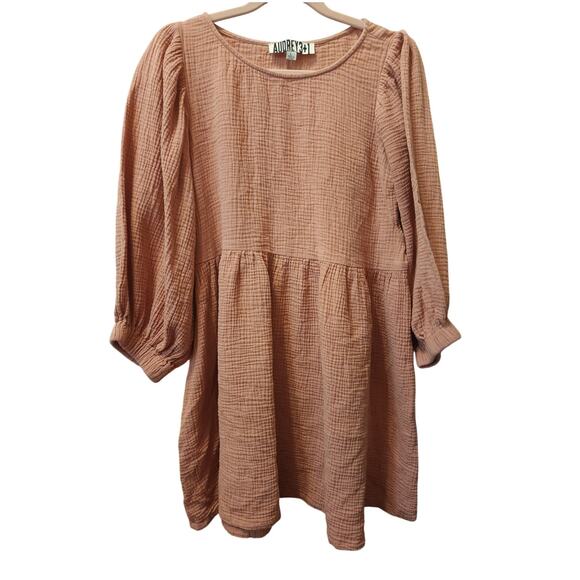 AUDREY 3+1 Size Large Gauzy Peach Long Sleeve Mini Dress Comfy Boho Western - Picture 1 of 3